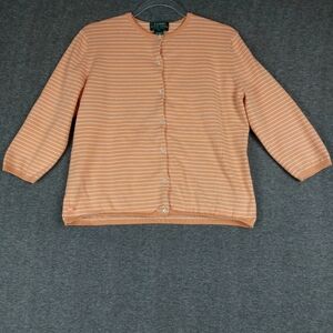 LAUREN RALPH LAUREN WOMENS PEACH ORANGE STRIPED 3/4 SLEEVE PREPPY CARDIGAN SZ PL